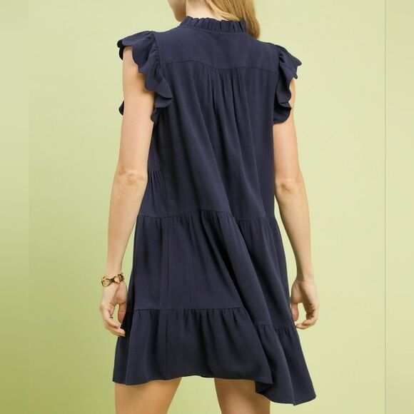 Umgee  Navy Ruffled Linen Tiered Baby Doll Dress sz Lg - Picture 2 of 6